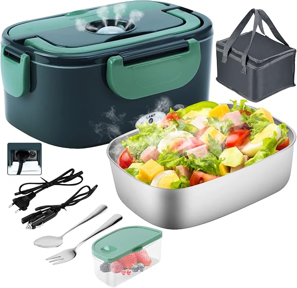 Gentre Lunch Box Elettrico Portatile Scaldavivande per Auto Camion e Ufficio 4 in 1 12V/24V/220V~240V 1.5L 60W Porta Pranzo in Acciaio Inox, Scomparti, Forchetta Cucchiaio e Borsa Per il Trasporto - 1