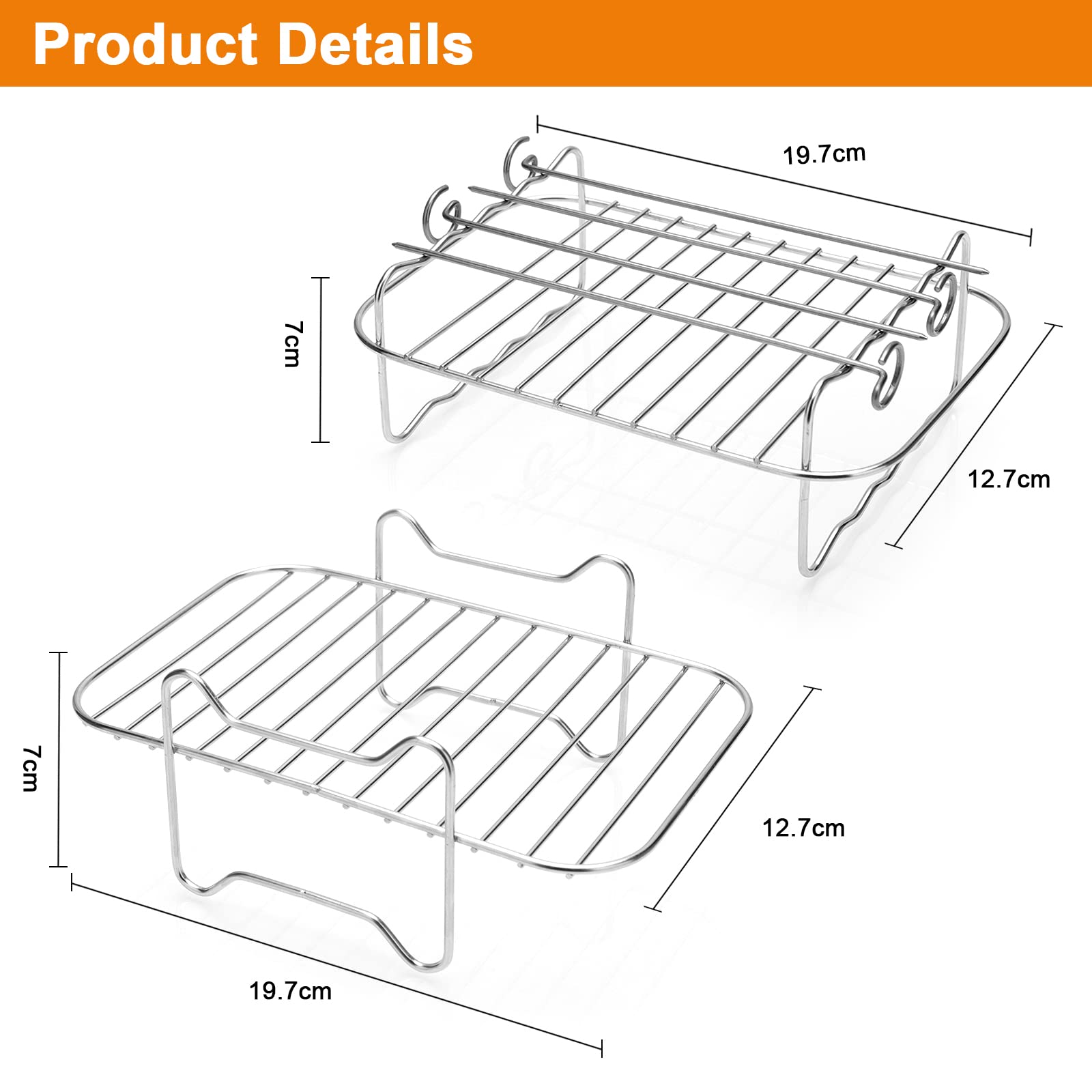 2 Pcs Air Fryer Rack for Double Basket Air Fryers, Multi-Purpose Air Fryer Accessories, 304 Stainless Steel Dehydrator Rack Grilling Rack with 4 Barbecue Sticks for Ninja Foodi DZ201/401 image_3