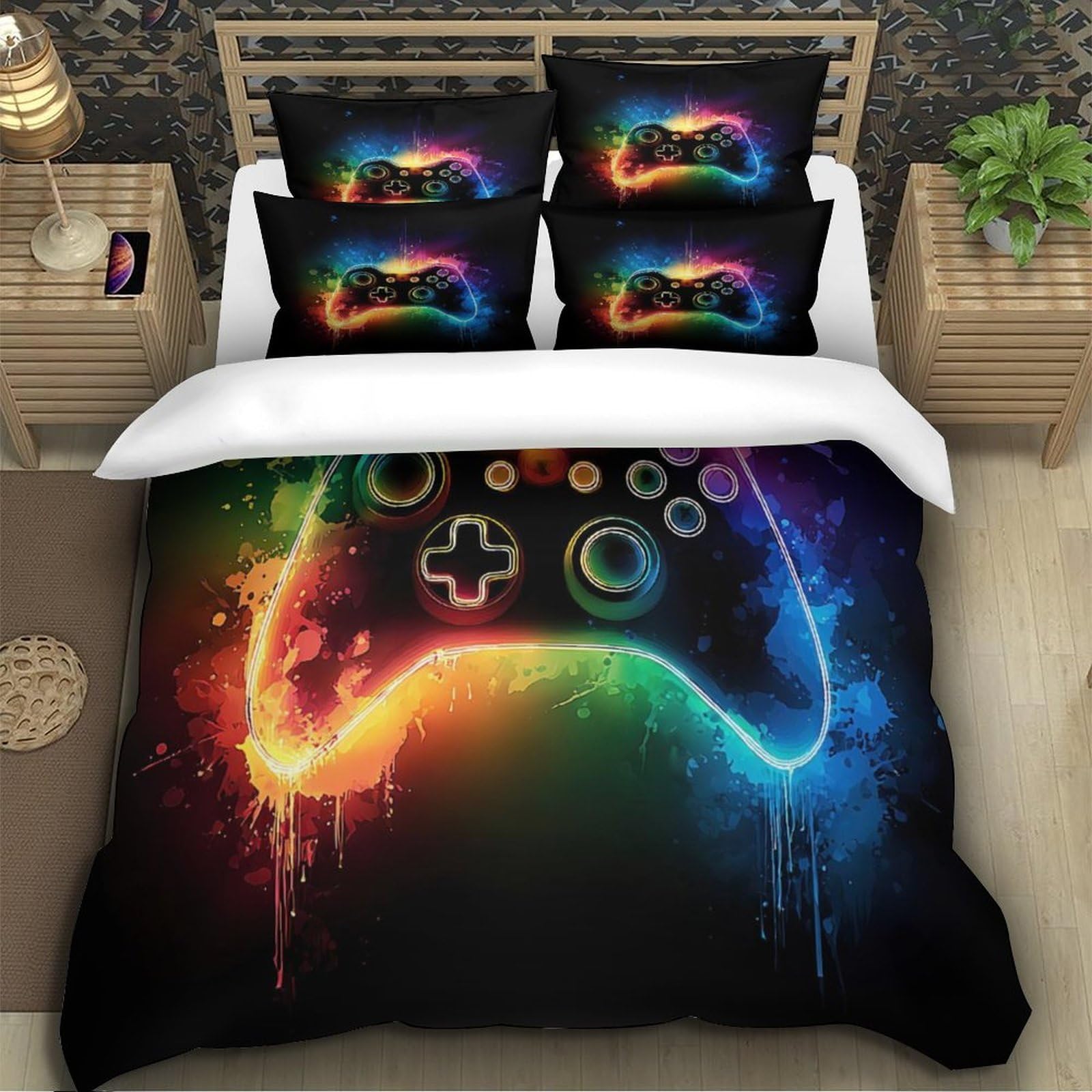 Funda Nórdica Microfibra 3D Impreso Mando Gaming, Decoración Dormitorio Juvenil, Juego de Cama para Adolescentes Adultos, Suave Transpirable Super King（260x220cm）