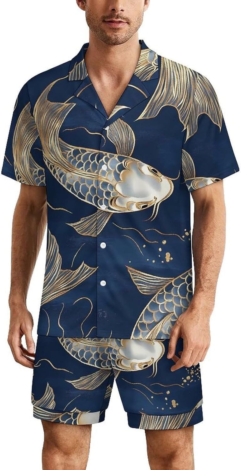 Japanese Fish Gold Navy Blue Men's Short Sleeve Pajama Set Satin Silk Like Lounge Sleepwear