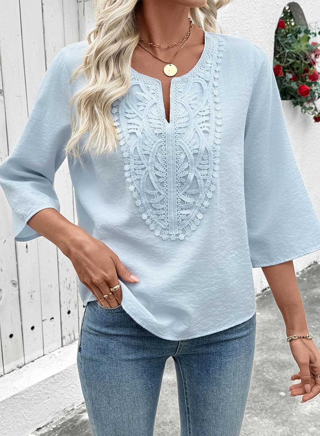EVALESS Boho Tops for Women Blouses Dressy Casual V Neck 3/4 Sleeve Shirts Spring Outfits Trendy Vacation Clothes - Image 4