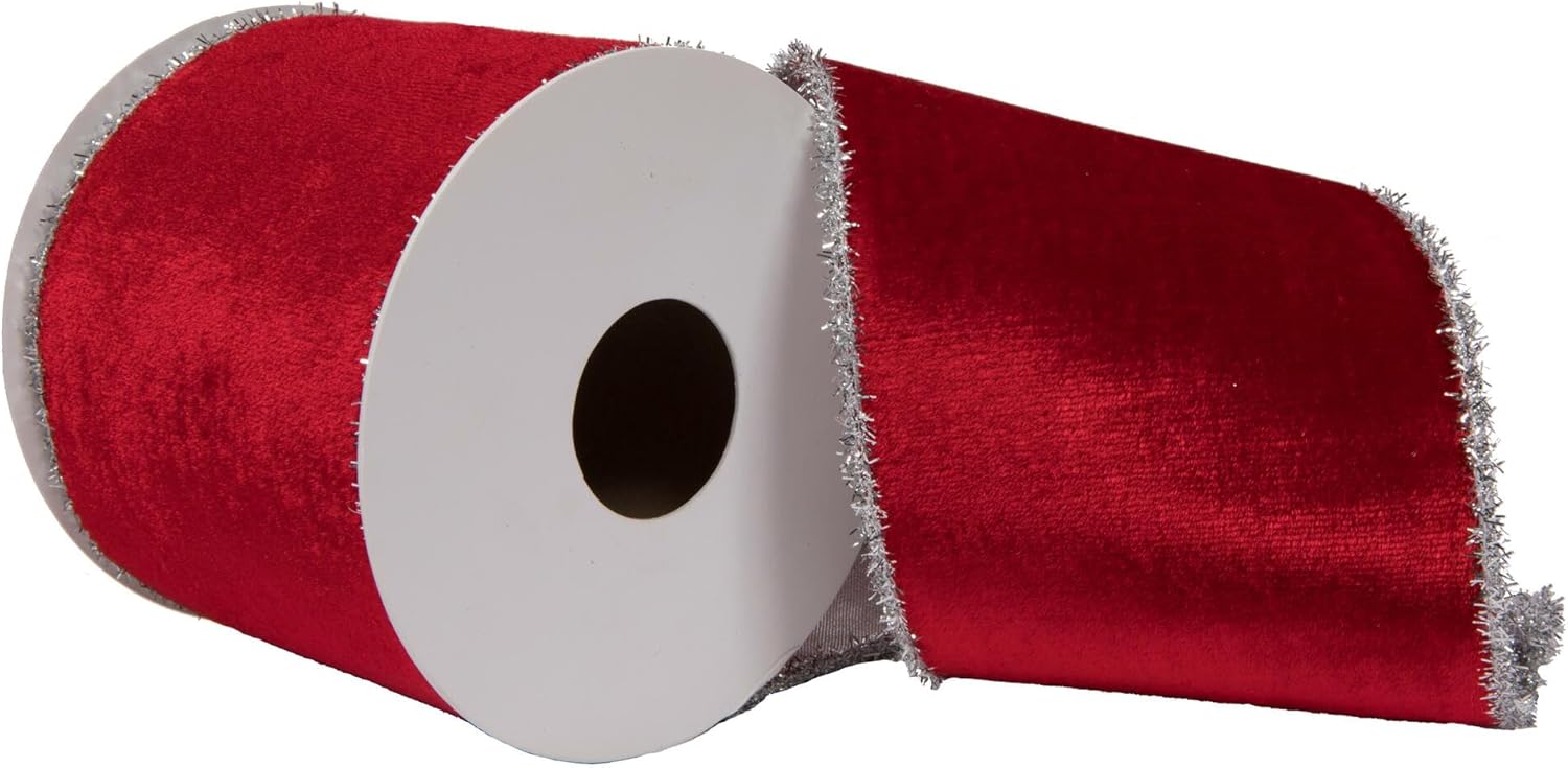 Vickerman 4" x 5 Yards Red Viscose Velvet Double Fused Ribbon.