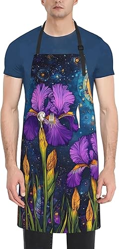 Cosmic Purple Irises Print Kitchen Cooking Apron, Adjustable Waterproof Apron With Pockets, Unisex