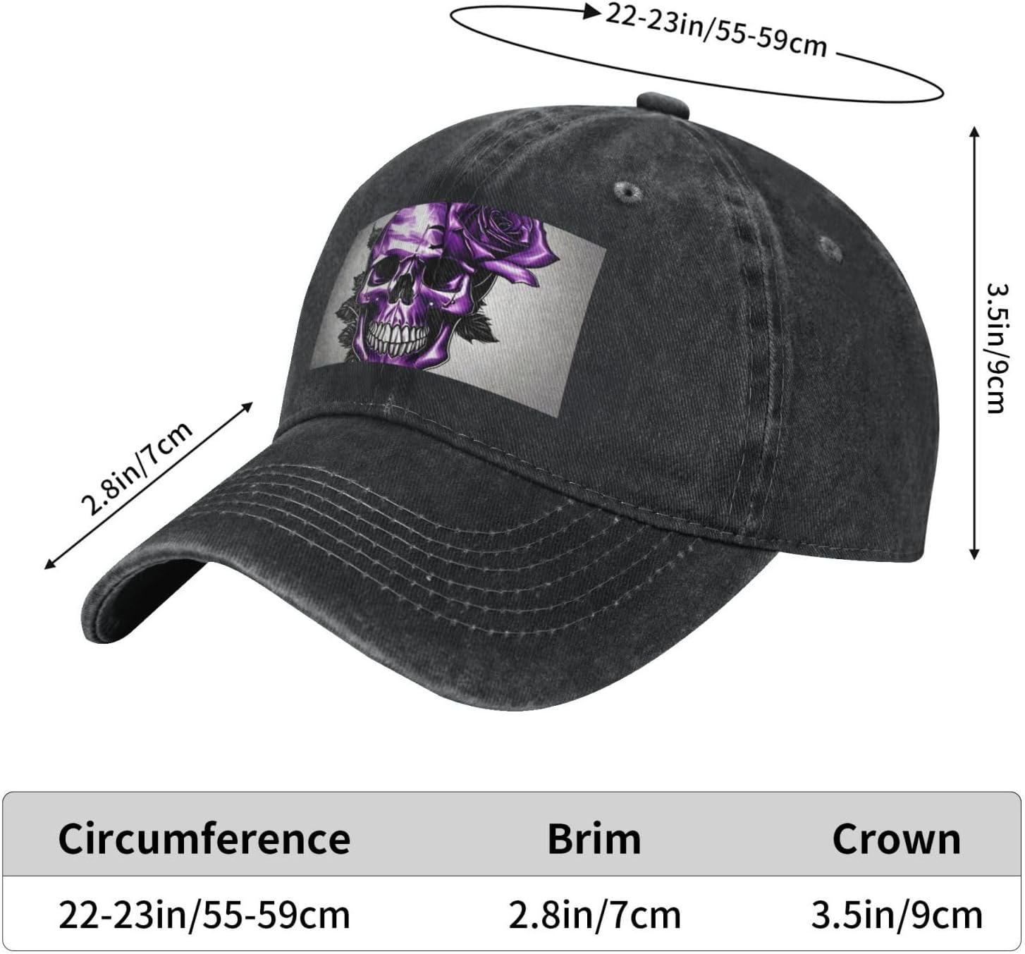 Purple Rose and Skull Print Cowboy Hat Personalized Baseball Cap Fashion Hat Cap Funny Gifts for Women Men