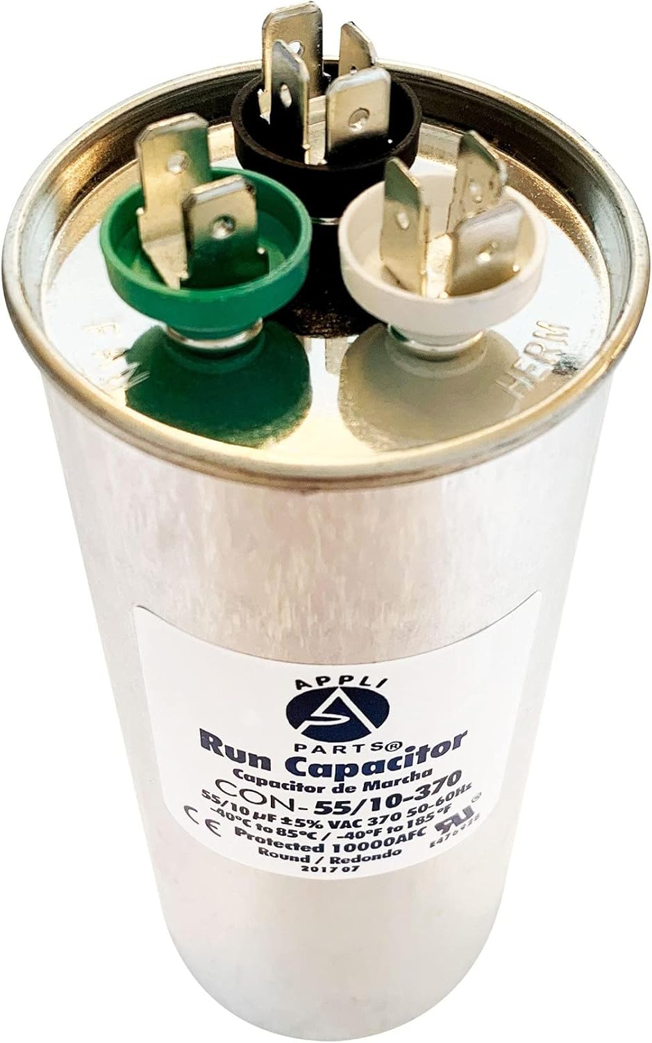 Nеw Prоduсt Appli Parts Dual Run Capacitor for ac 55+10 Mfd uF (microfarads) 370VAC CBB65 Round Universal fit for hvac and other applications 2-1/4 in Wide 5-1/2 in Height CON-55/10-370-R