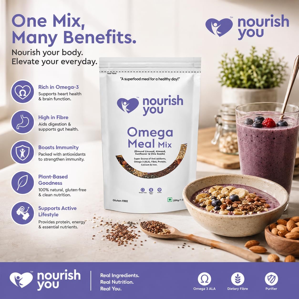 Nourish You Omega Meal Mix 200g | Omega 3 Rich Superfood Seed Mix with Ground Flaxseed, Chia Seeds, Almonds & Sunflower Seeds | High Fibre Plant Protein | Gluten Free Healthy Meal Booster | pack of 5 — Amazon image 4