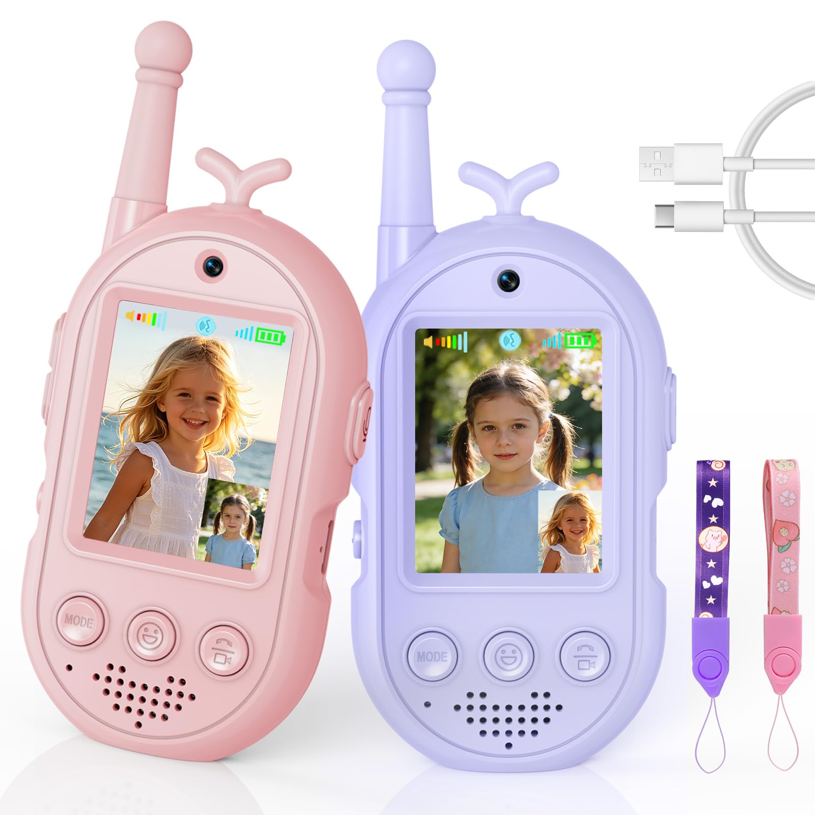 Video Walkie Talkie Bambini, 2 Walkie Talkie Ricaricabili con Display, Comunicazione Radio Bidirezionale, Lunga Portata, Regalo per Bambini e Bambine dai 3 ai 12 Anni. (Rosa + Viola)