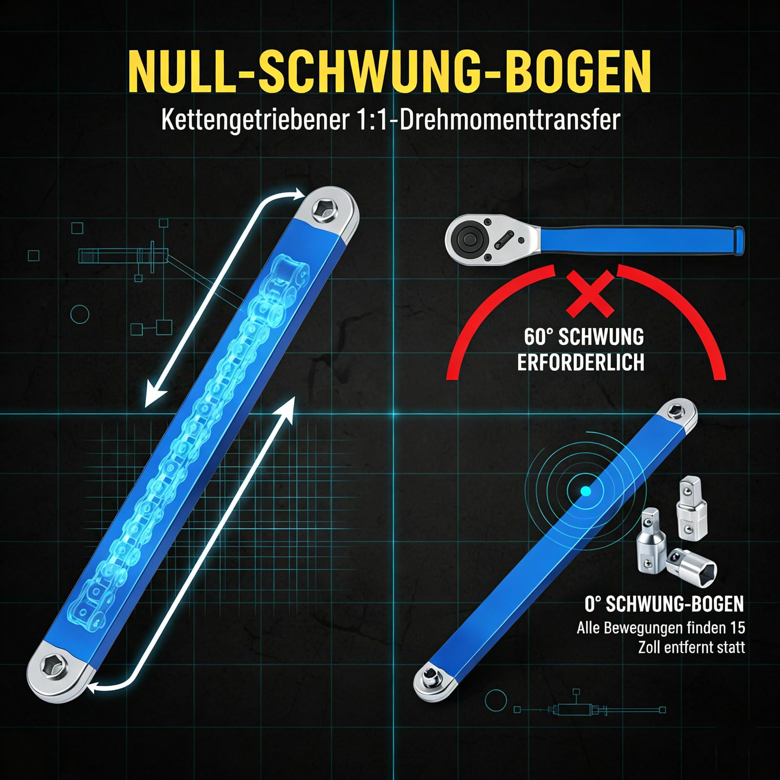 Offset Extension Wrench Set,Offset Verlängerungsschlüssel – 39cm (15 Zoll) Ratschenverlängerung mit Kettenantrieb – Inkl. 1/4", 3/8" & 1/2" Adapter -Torque für Engstellen im KFZ-Motorraum (1pc)