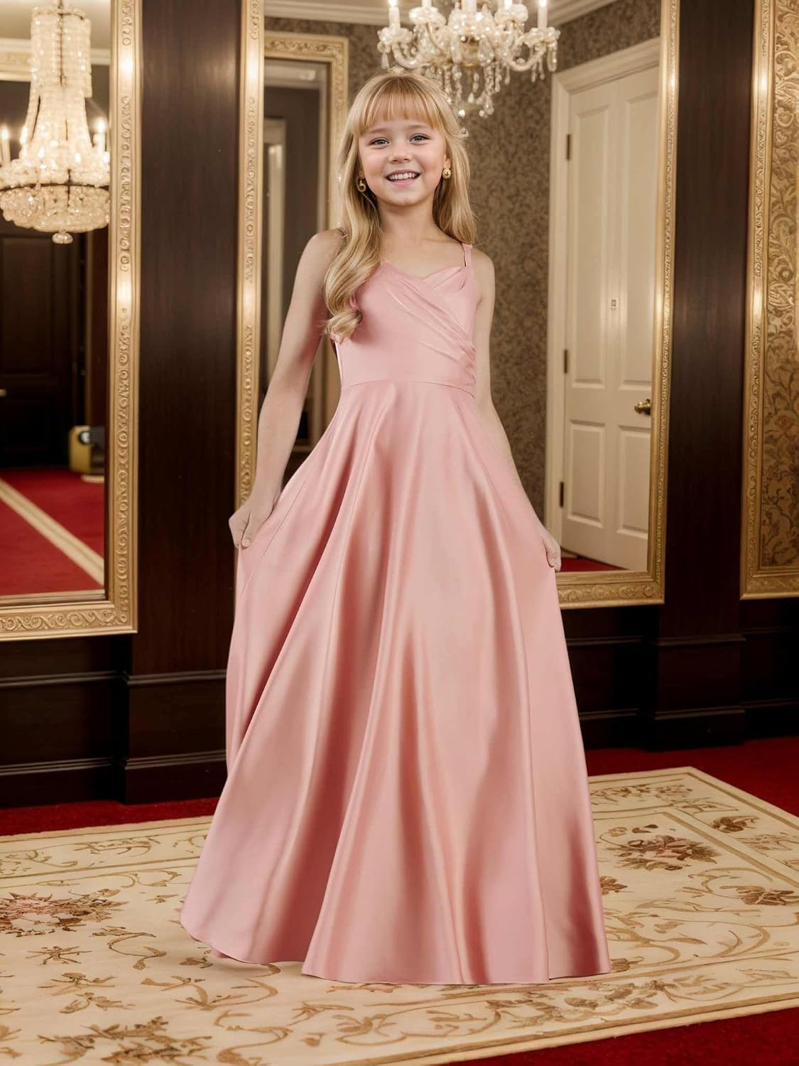 Girls Straps Junior Bridesmaid Dress for Wedding Satin Formal Flower Girl Dresses Pageant for Teens