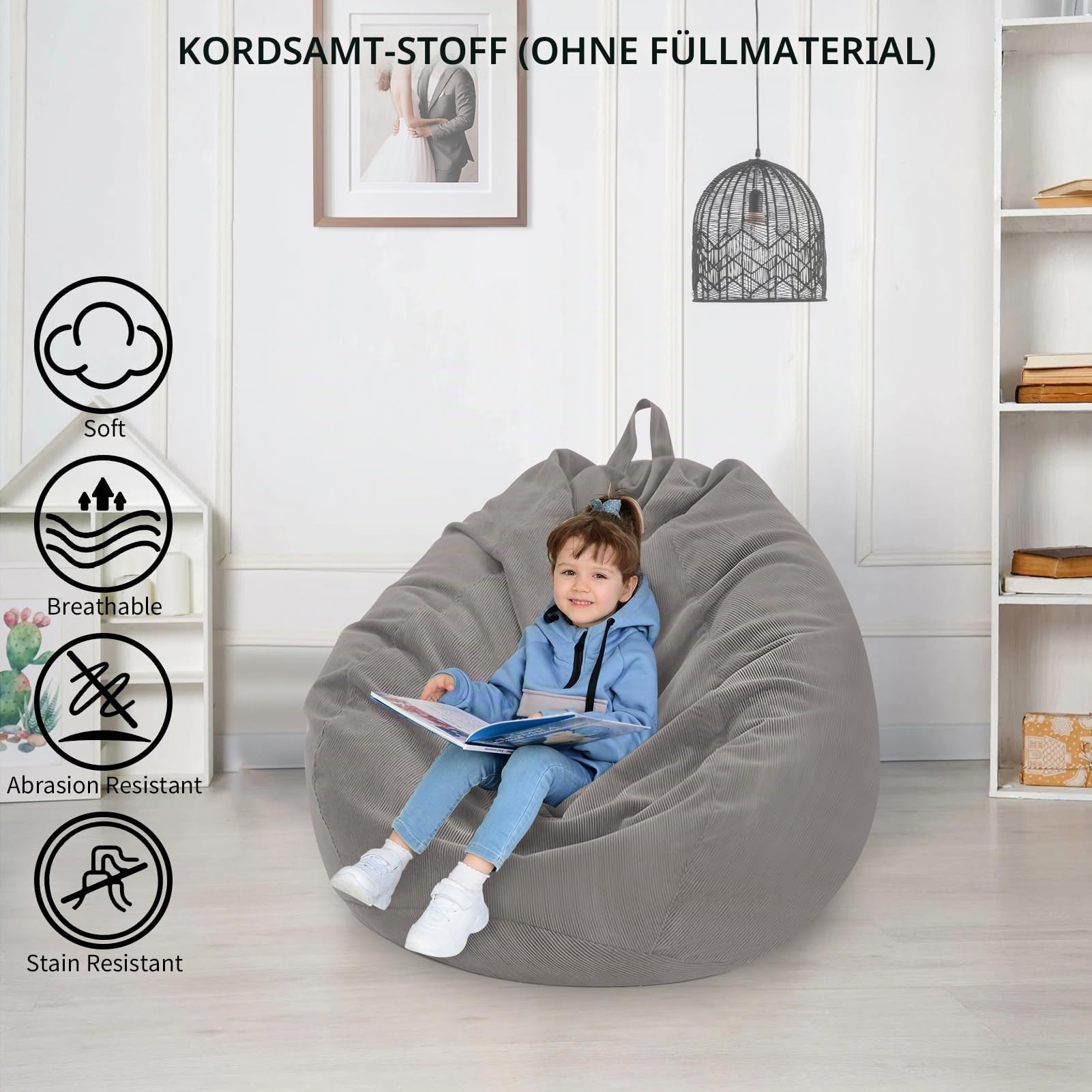 Sitzsack/Stuhlbezug, Kord, weich, Stofftiere, Aufbewahrung, Sitzsack, Sofabezug für Kinder, Erwachsene, Haustiere, Hunde, Katzen (hellgrau)