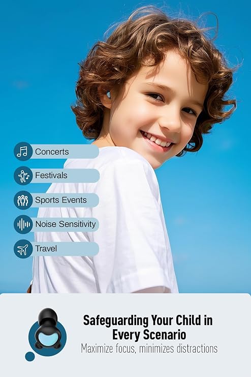 Kids Ear Plugs (6-12 Years) with Cord, Kids Ear Protection Reusable Noise Relief Earplugs for Focus, Travel, Concert, Socializing, Events, Sleep, Anxiety, School, Playtime -26dB Noise Reduction