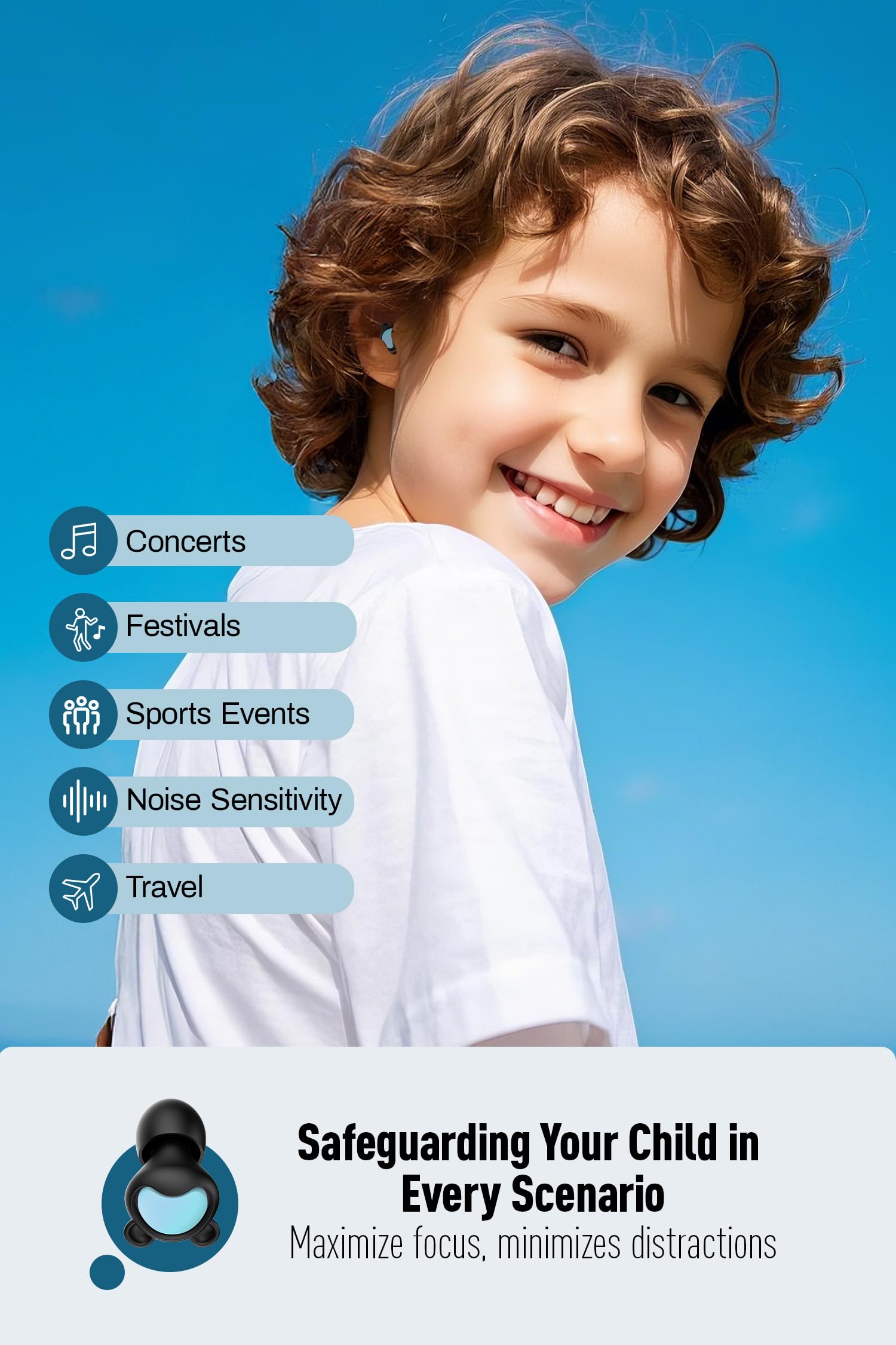 Bouchons d'oreilles réutilisables pour enfants (6 à 12 ans) avec cordon, protection auditive pour enfants, anti-bruit, pour la concentration, les voyages, les concerts, la socialisation, les