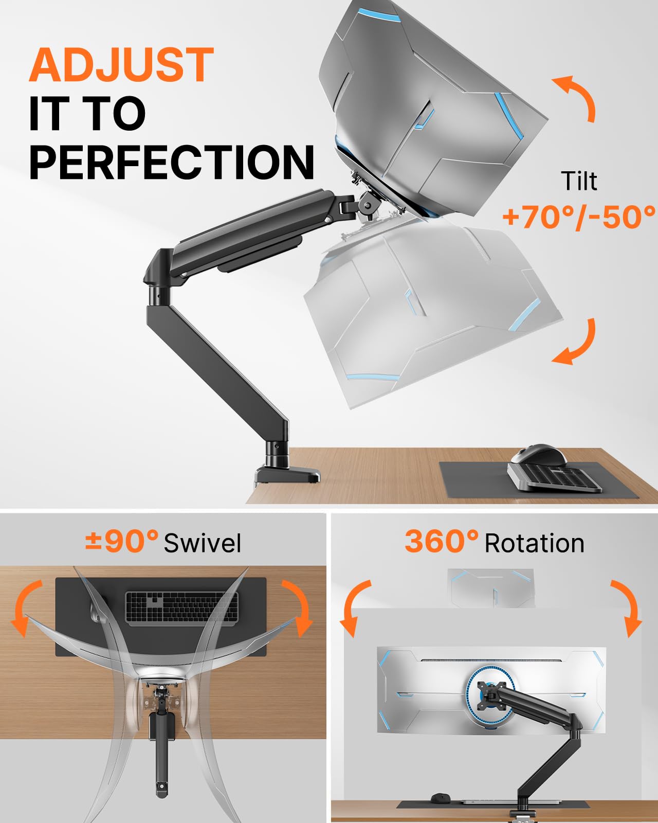 ErGear Schwerer Monitor Halterung für 13"-49" ultrabreite Bildschirme, 17kg Tragfähigkeit, voll-bewegliche Gaming Monitor Arm, felsenfeste Stütze, duale C-Klemme & Ösenhalterung, VESA 75x75/100x100mm