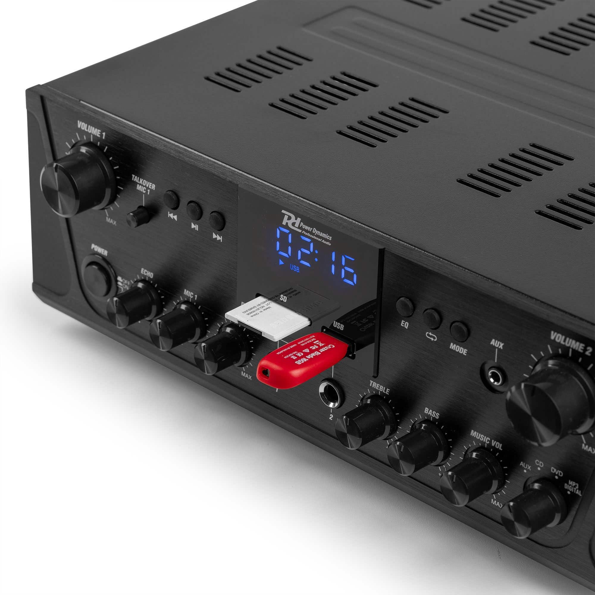 Power Dynamics - Pack de Sonido - Amplificador PV220BT con Bluetooth, 2x100W, Radio FM, MP3, 2 Altavoces BD50W blancos de 120W resistentes al agua, montaje interior/exterior, incluye soportes y cables