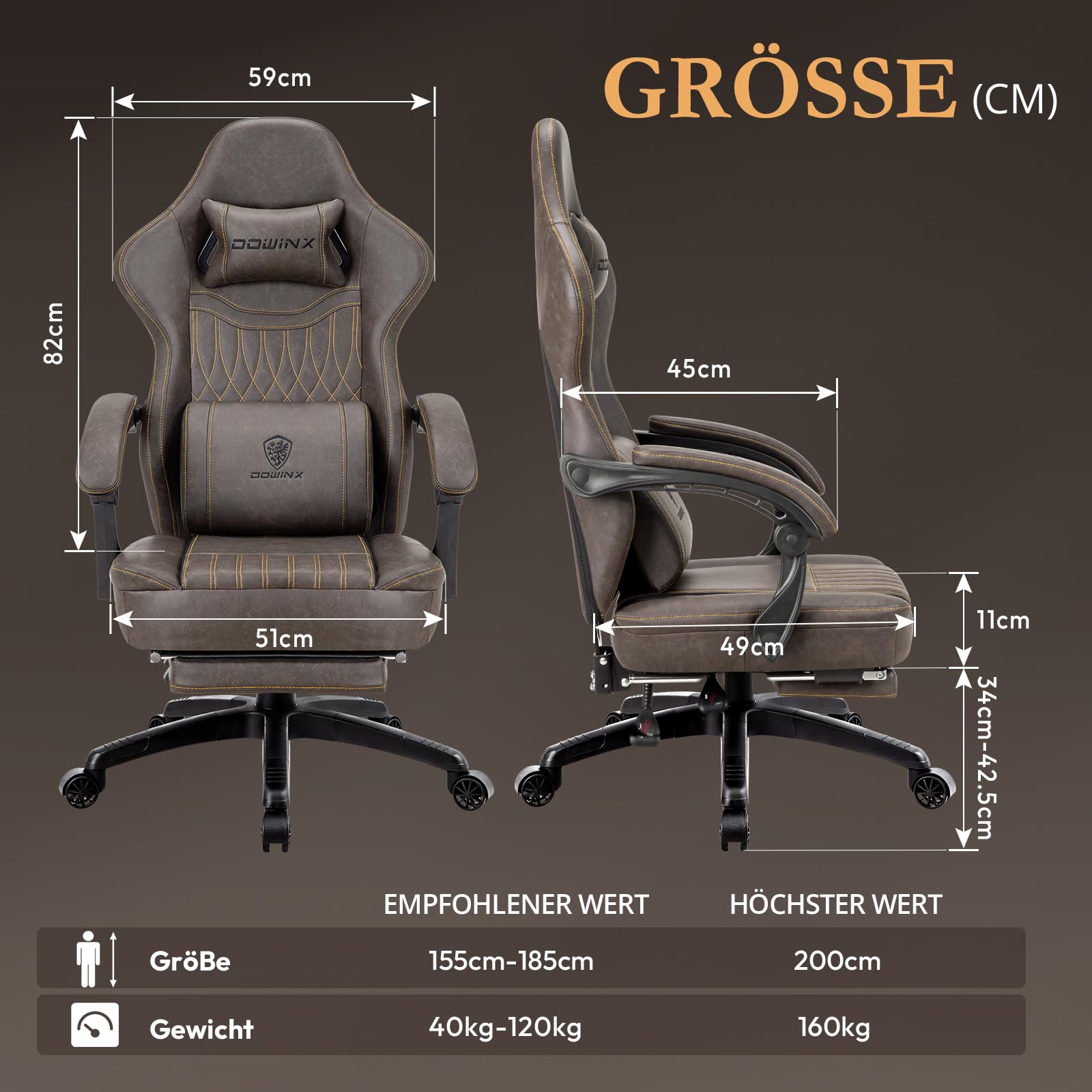 Dowinx Sedia da gioco con cuscino primaverile, da corsa, da ufficio, con massaggio, ergonomica, con poggiapiedi, in pelle PU (marrone)