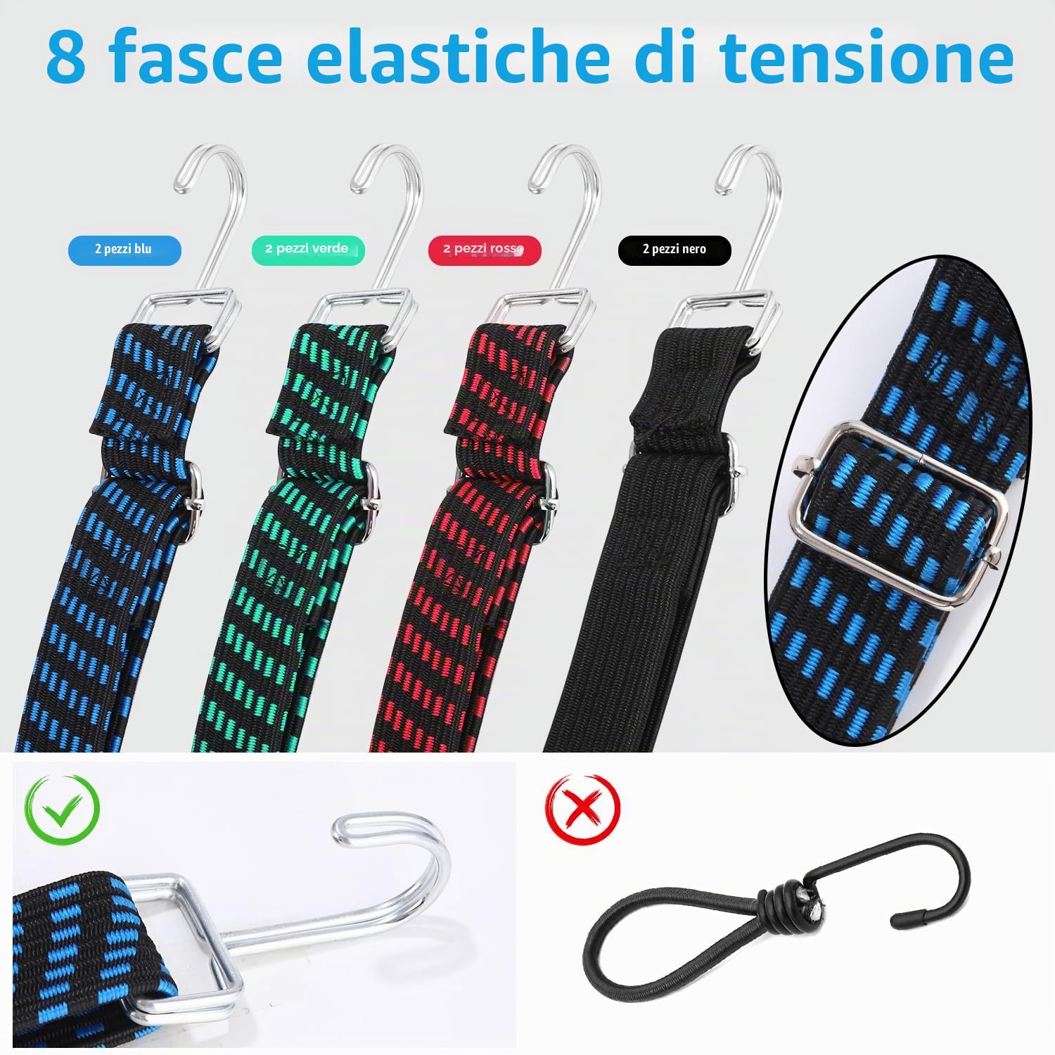 Elastico con Gancio 8 Pezzi, 2M Cinghie Elastiche portapacchi, 2,5 volte l'elasticità, Corde Elastiche Regolabile per bicicletta e moto, per il fissaggio del carico, larghezza 30mm
