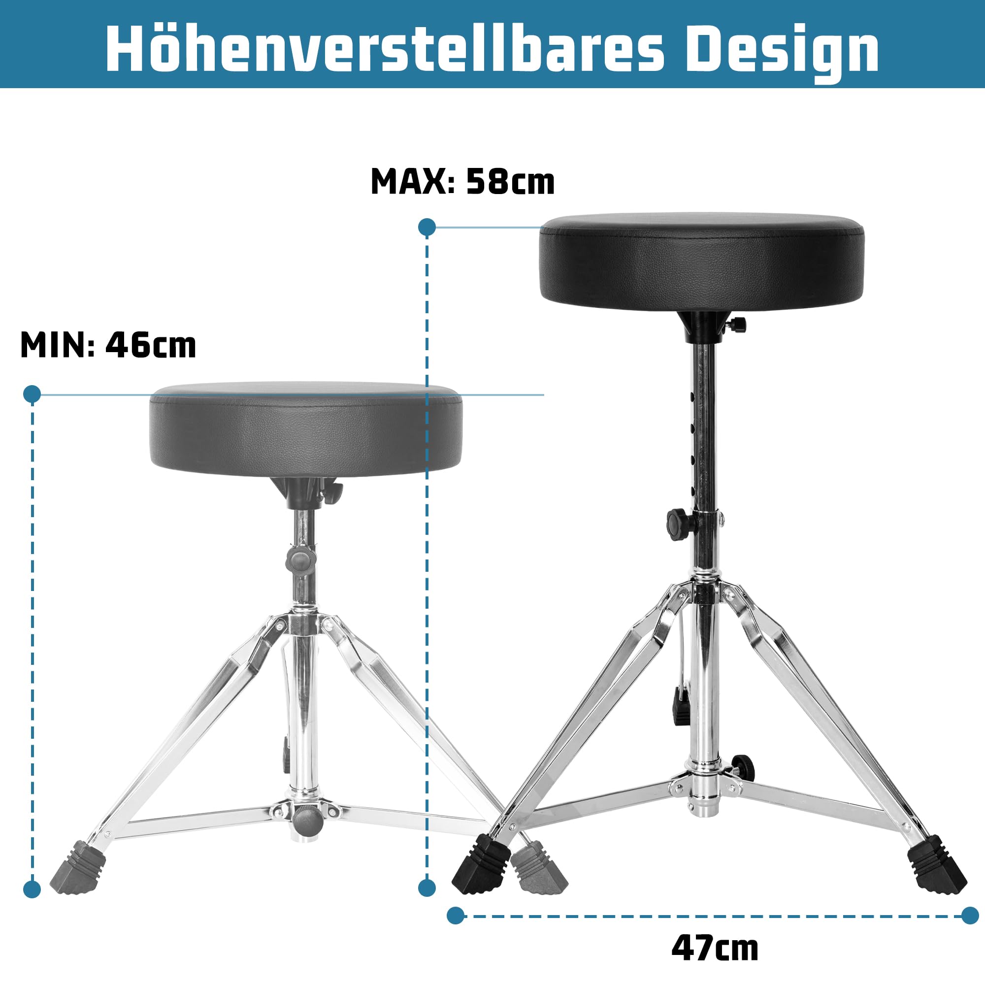 OUUTMEE Drum Throne Drumhocker, gepolsterter Sitz, 18,1 bis 22,8 Zoll, höhenverstellbar, runde Oberseite, Drum Chair mit Stabiler Stativbasis, Percussion und Keyboardspieler
