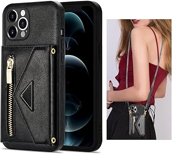 Triangle Crossbody Zipper Wallet Card Leather Case Suitable for iPhone 11/12/13/14/15/16 Pro Max with Free Lanyard Black, for iPhone 16 Pro