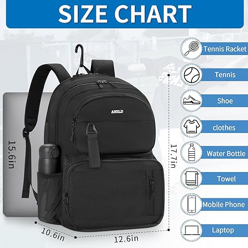 Miniatura 2 de ANILD Bolsa de tenis multideportiva para 2 raquetas con compartimento ventilado para zapatos para hombres y mujeres, Negro, Grande, Bolsa de tenis