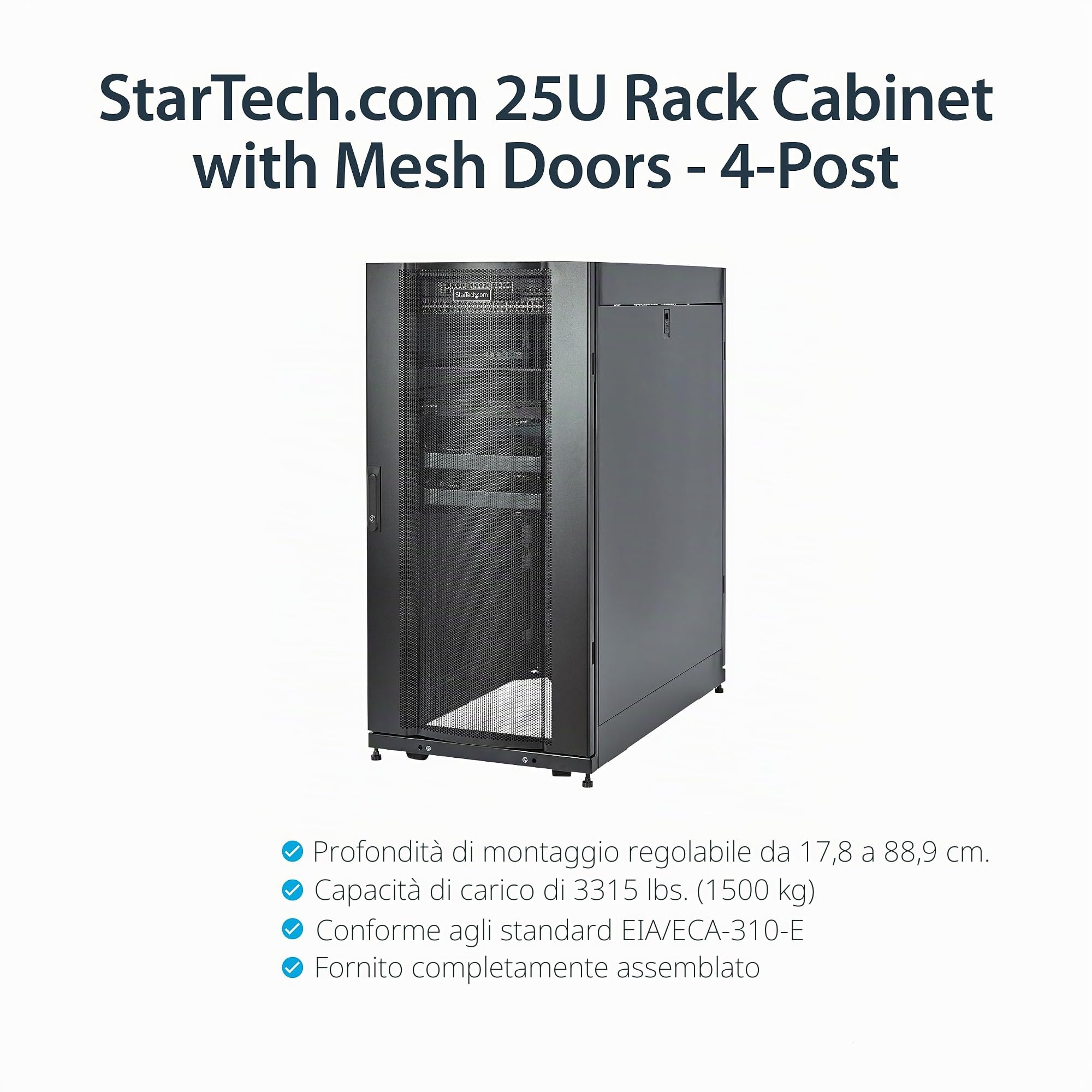 StarTech Armadio Server 25U 19" 4 Montanti su Ruote, Ripiano 1U (RK2537BKM) | Guide di Montaggio Regolabili, Spedito Assemblato, per Server e Reti IT