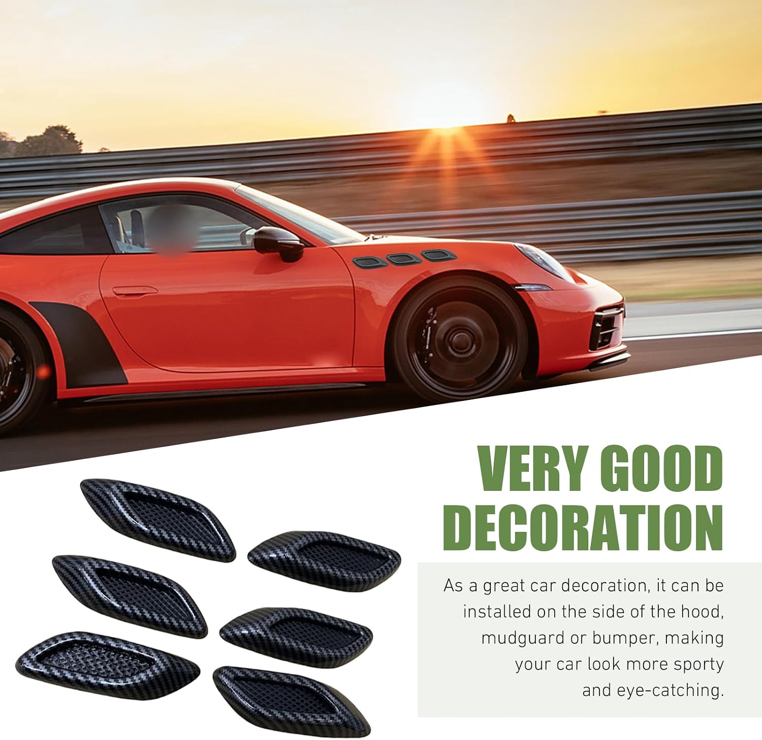 6 PCS Car Fender Hood Vents Trim, Louvers Air Intake/Outlet Decorative Decals, Simulated Side Grille Stickers, Automotive Exterior Sport Modified Accessories for Most Cars (Carbon Fiber)​