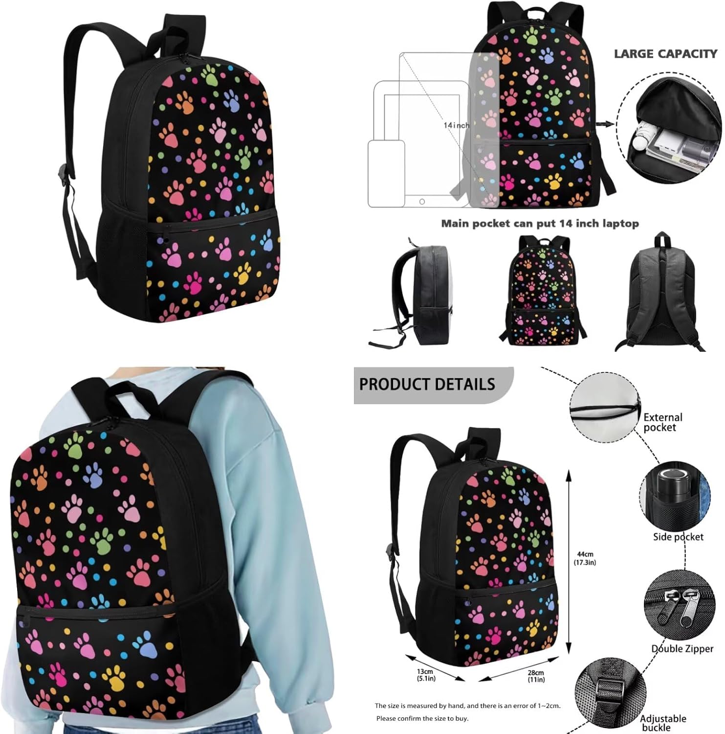 Ystardream Bookbags for 4Th Grade Girls Colorful Paw Prints Backpack With Lunch Box Kids Girls School Back Packs Bookbag for Boys Large Schoolbags Rucksack Travel Outdoor Daypack 4Pcs