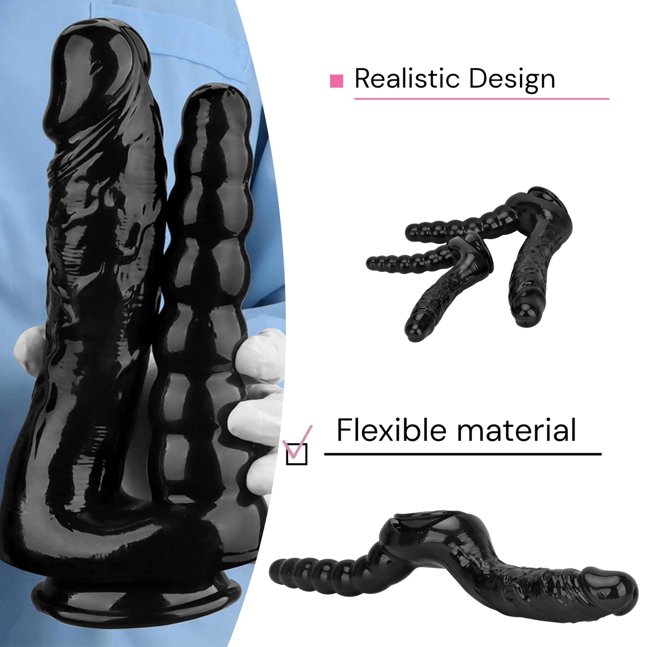 Dildo Gigante Donna – Doppio Dildo Nero XXL con Ventosa 27 cm Ø 5,3 cm a Sfere 1060 g Flessibile & Delicato sulla Pelle FOPS D63