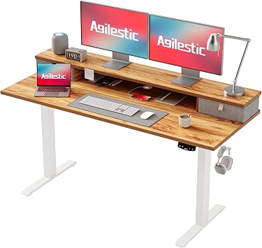 Agilestic Adjustable Height Desk with 2 Drawers, 140 x 60 cm, Stable Electric Sit-Stand Desk, Ergonomic Computer Desk, Light Brown