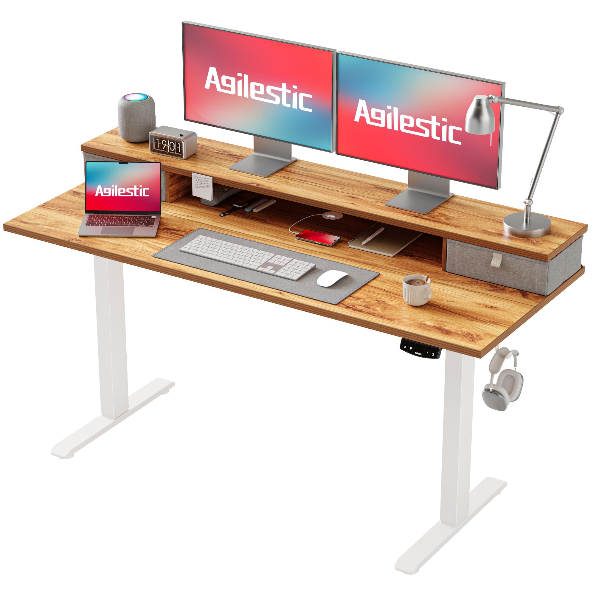 Agilestic Adjustable Height Desk with 2 Drawers, 140 x 60 cm, Stable Electric Sit-Stand Desk, Ergonomic Computer Desk, Light Brown
