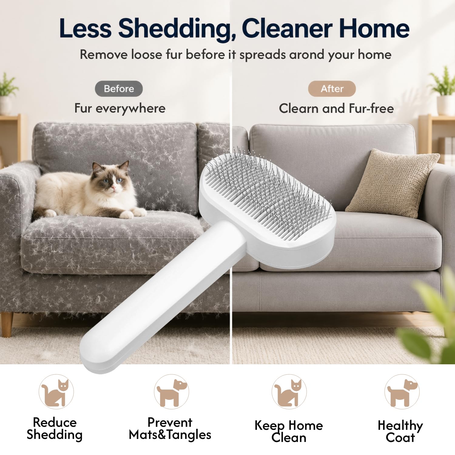 PrimePets Cepillo para gatos, cepillo de limpieza automática con botón de liberación, cepillo de aseo para gatos de pelo corto o largo, cepillo para mascotas para gatitos, herramienta de depilación de