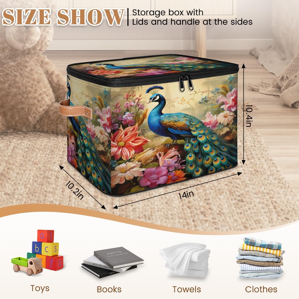Storage Bin Set of 2 Flower Peacock Storage Basket with Zipper Lid & Handle Foldable Closet Shelf 2 Pack Cloth Organizer Basket Cube Bins Clothes Organizer for Bedroom, Nursery