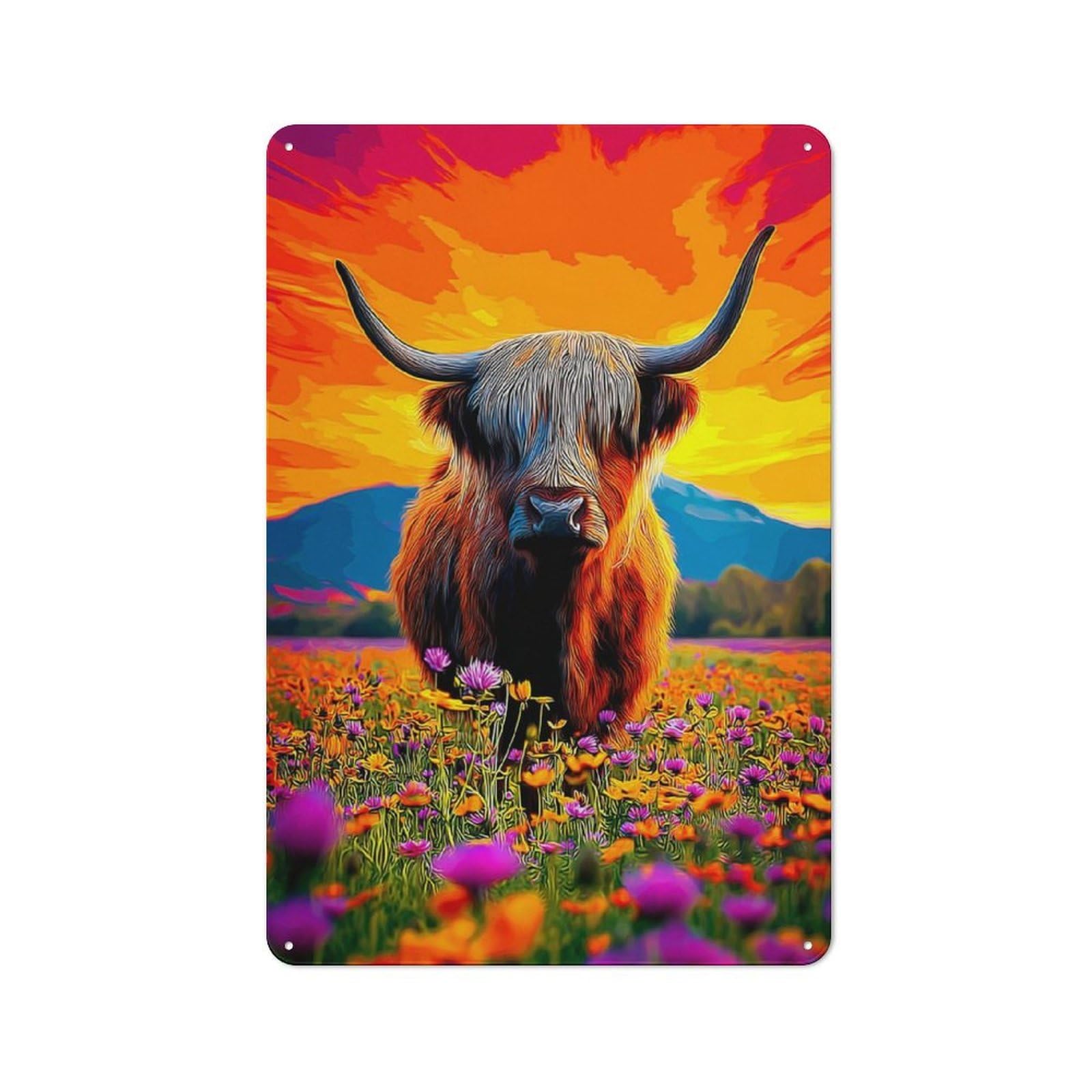 Junmoney Highland Cow In Vibrant Field Tin Wall Plaque 30X20cm With For Bar Or Restaurant, Suited To Restaurant Interior Fans