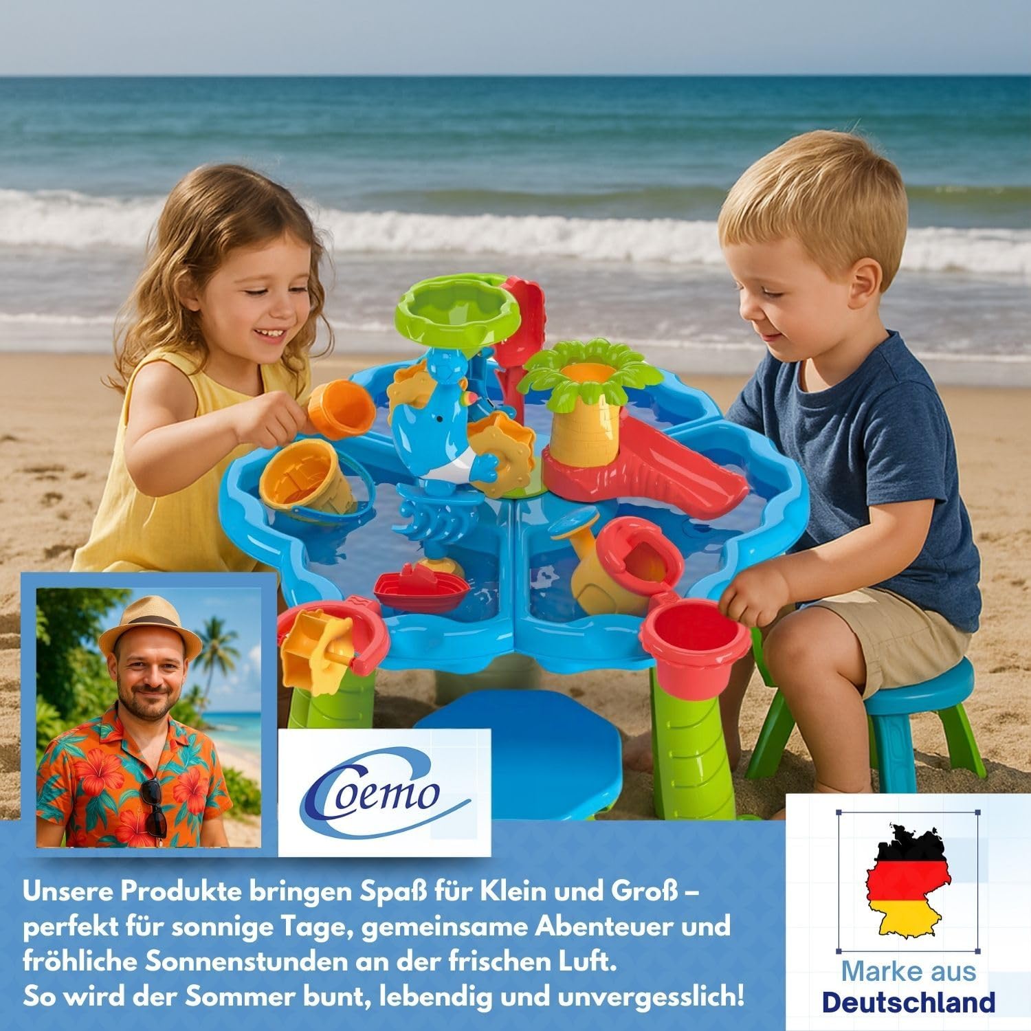 Sand- und Wasserspieltisch NARIUS XL, 3 separate Wasserbecken, 1 Hocker, Wassertisch Kinder Outdoor für Wasserspiele draußen, Balkon und Garten, Matschtisch mit Sandkastenspielzeug, Plantschtisch