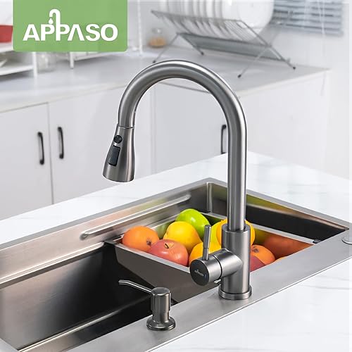 Miniatura 6 de APPASO Grifo de cocina con dispensador de jabón, grifos de fregadero de cocina de acero inoxidable negro con rociador extraíble, 3 modos, grifos de
