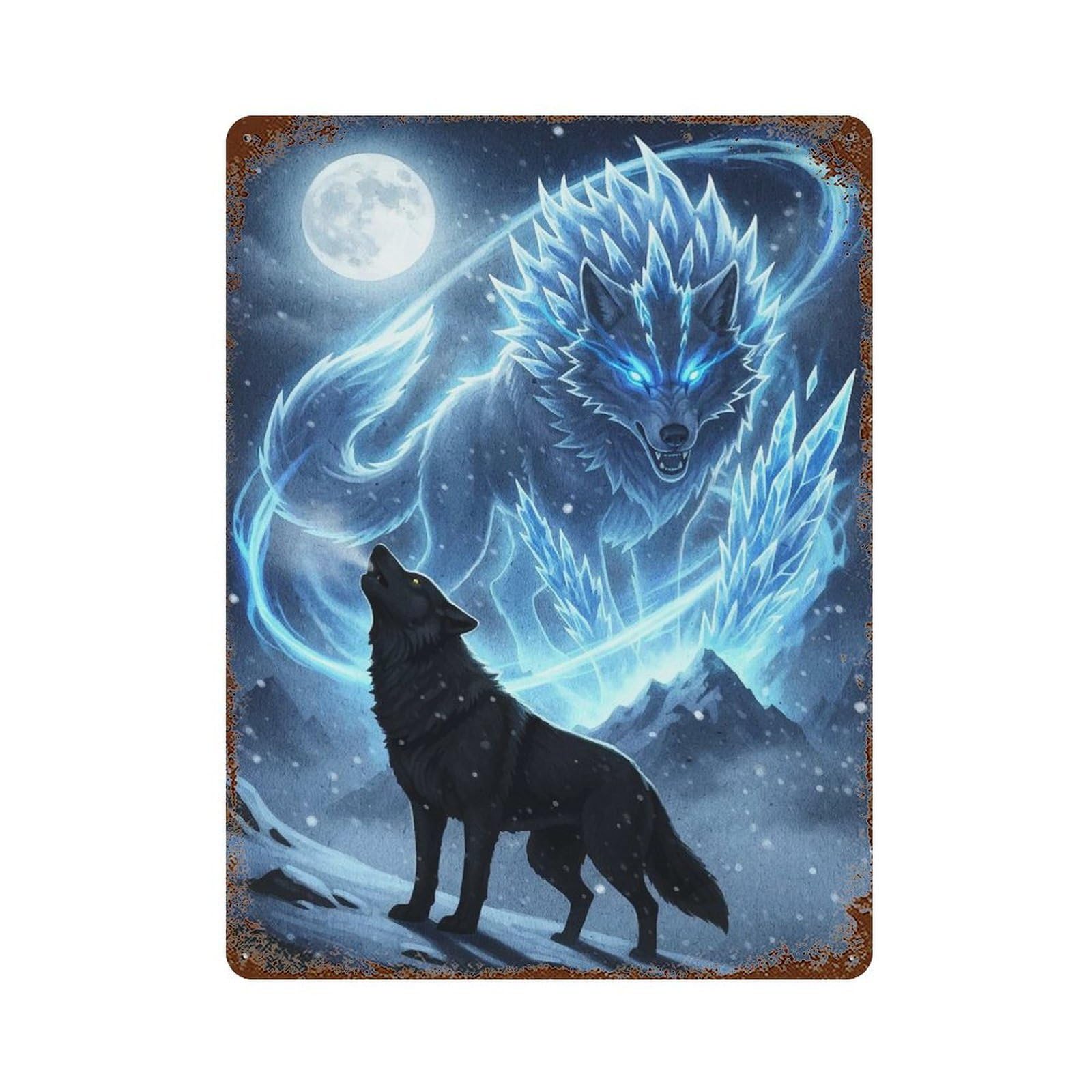 Aged Metal Wall Plaque with Winter Wolves And Moonlit Majesty Design 15.7"x11.8", for Garage, Bar And Workshop Decor, Rustic Home Decor
