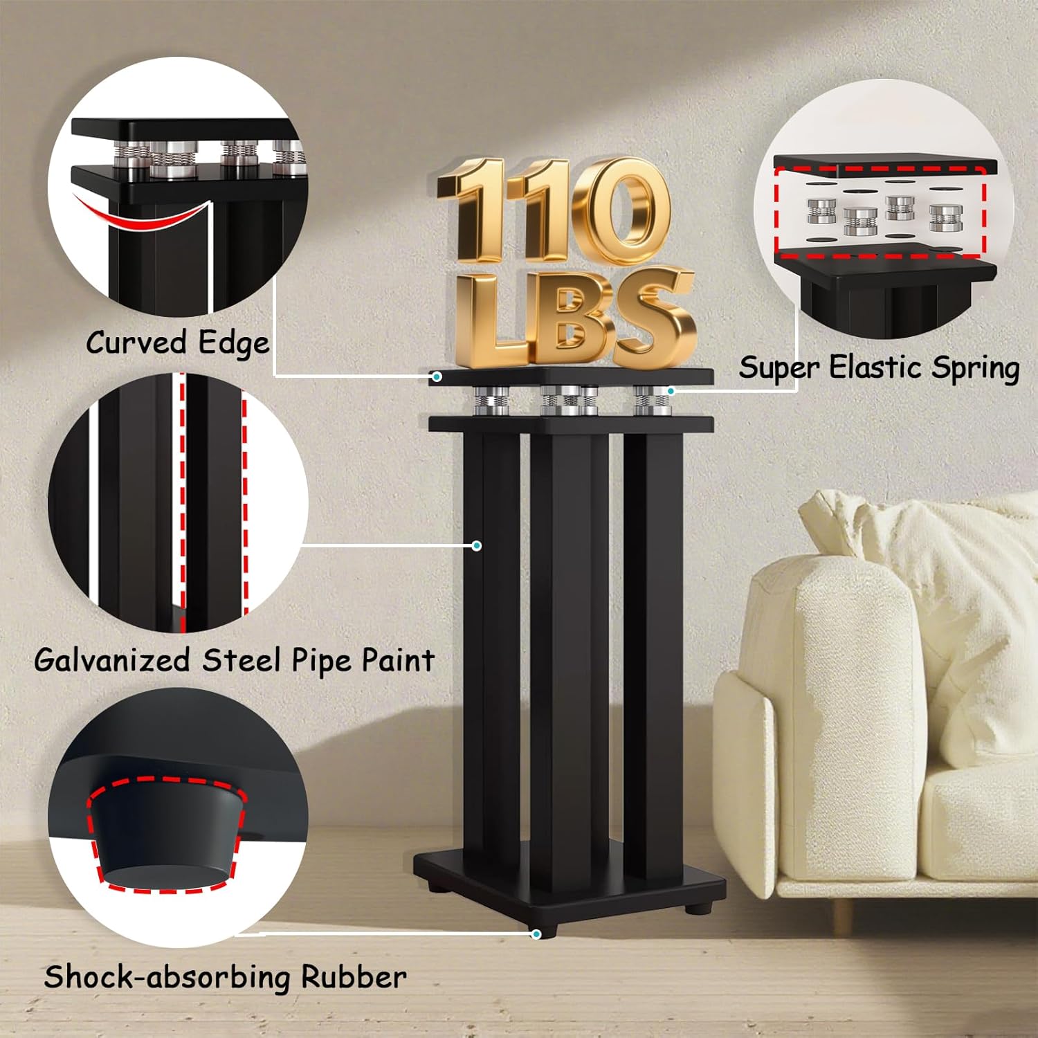 17in Speaker Stands Pair, Floor Speaker Stands for Surround, Universal Speaker Stand, Holds 110lbs, Large Heavy Duty Satellite/Bookshelf Stands for Home Theater/Studio/Living Room (Black, 17in)