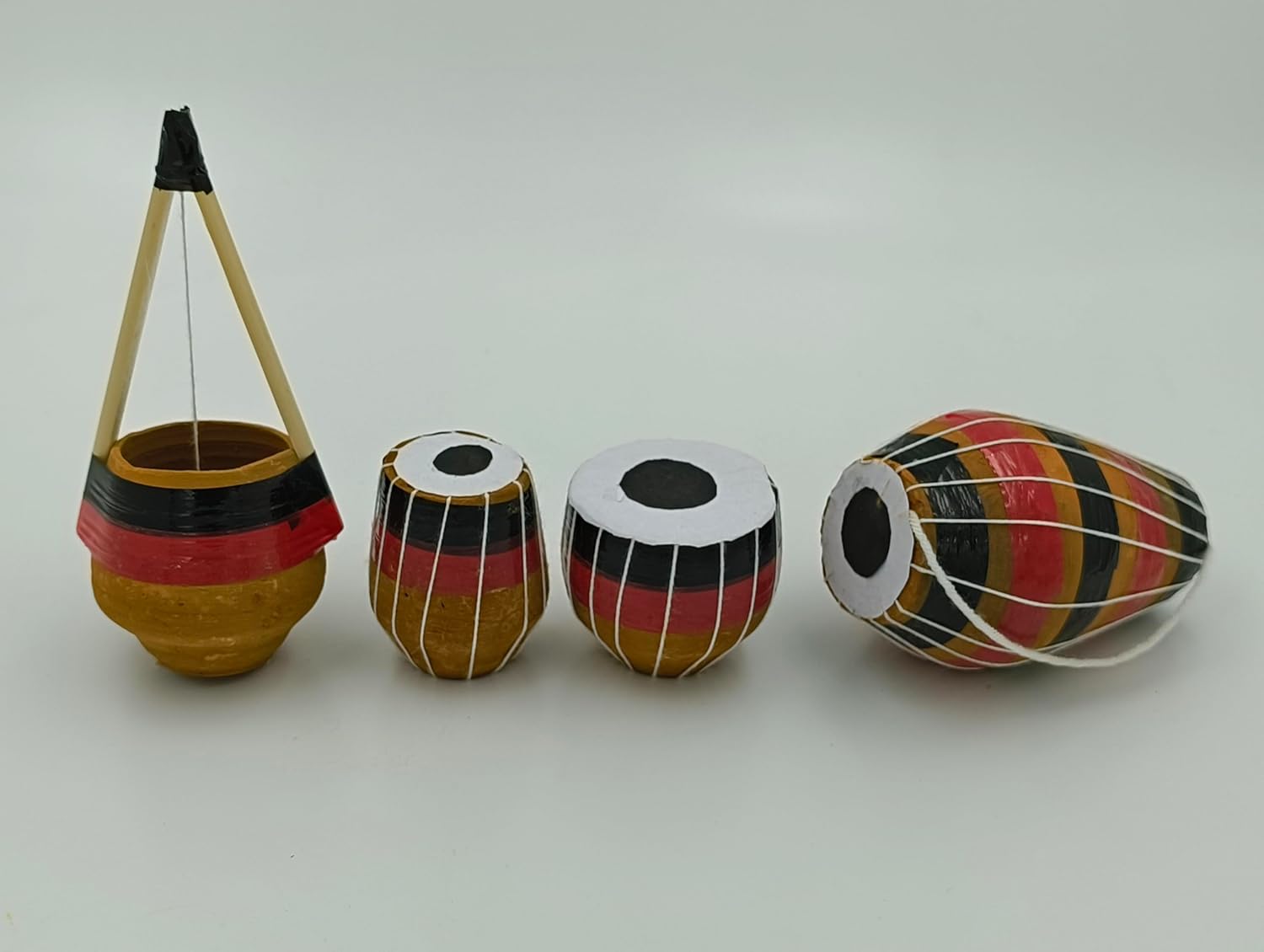 Handcrafted Terracotta Clay Musical Instrument Showpiece Set, 1 Tabla Set, 1 Ektara, 1 Dhol, 3 Colours, Ideal for TV Unit, Showcases, Corner Shelves and Gifting (Green & Red)