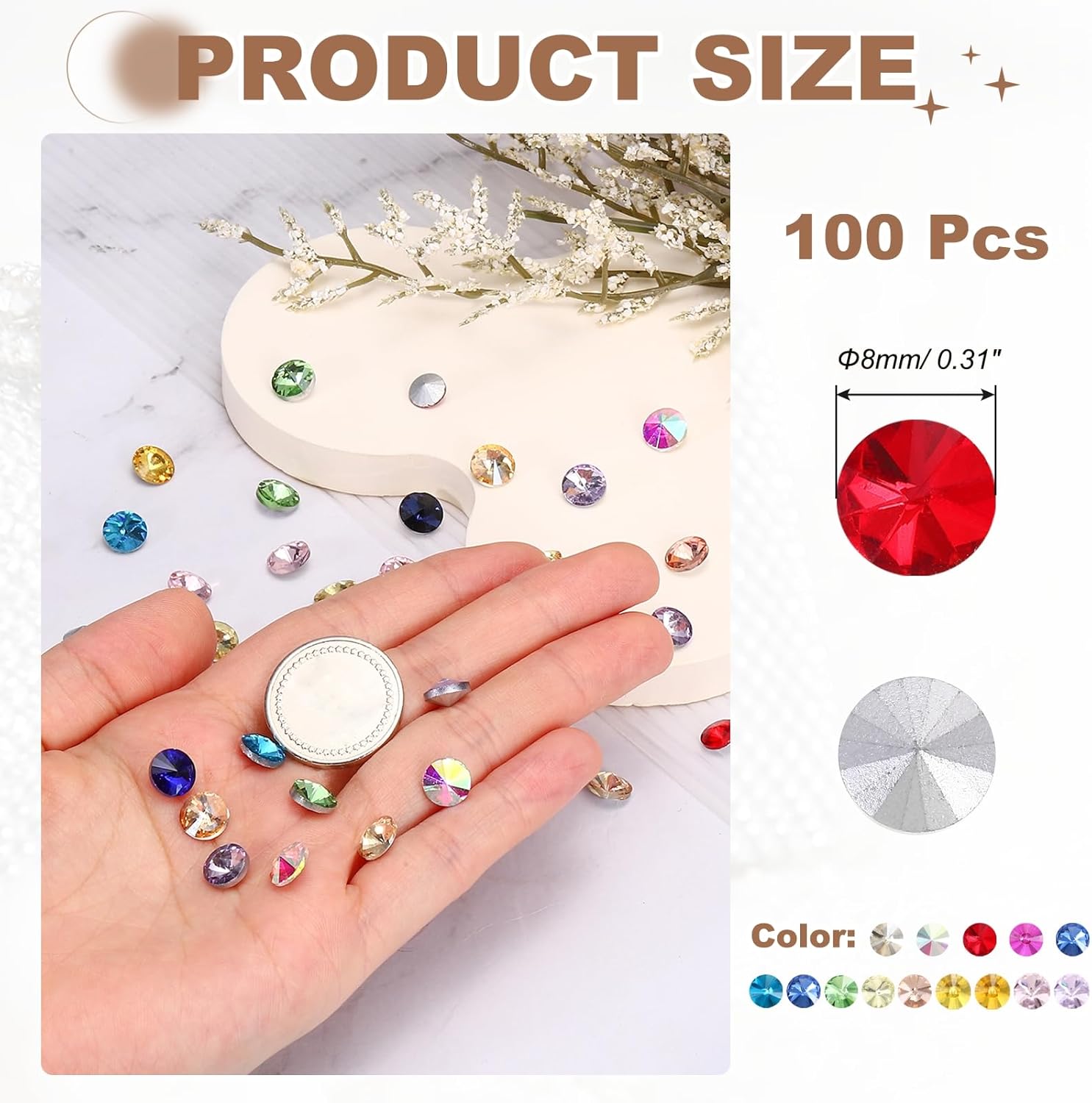 MECCANIXITY Pointed Back Rhinestones, 100 Pcs 8mm Round Glass Rhinestone Faceted Crystal Cabochon Gems for Nail Arts Crafts, Jewelry Making, Phone Case, Cloth Decoration (Mixed Colors) - Image 2