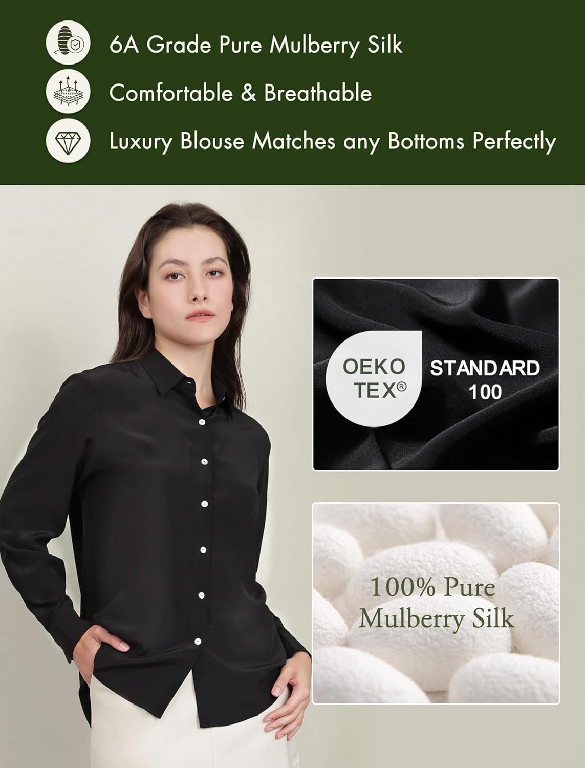 COLD POSH 100% Pure Silk Blouses for Women Long Sleeve: Women's Button-Down Elegant Shirts Lapel Luxurious Casual Blouse - Image 6