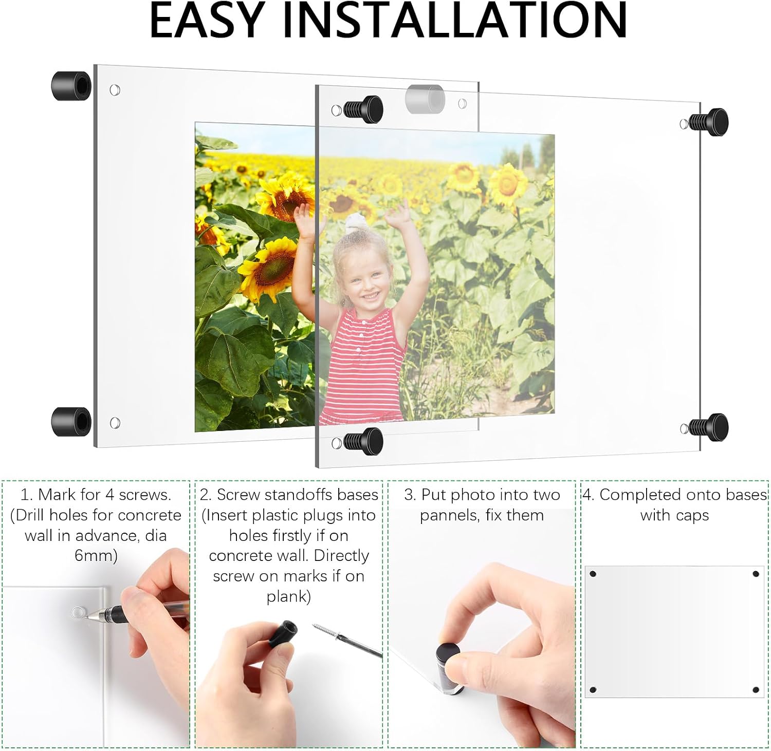 Yalikop 4 Pcs Acrylic Floating Picture Frame 8.5 x 11 Inches Wall Mount Frameless Photo Frames Double Panel Clear for Home Office Photo Display, Full Size 9.6 x 13.2 Inch (Black)