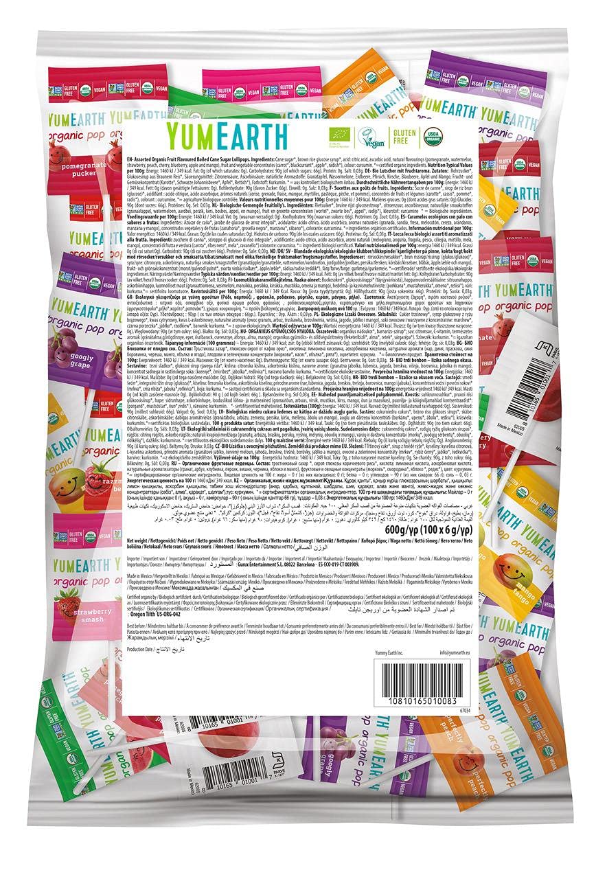 Yumearth - piruletas ecológicas de 8 sabores variados - 100 unidades
