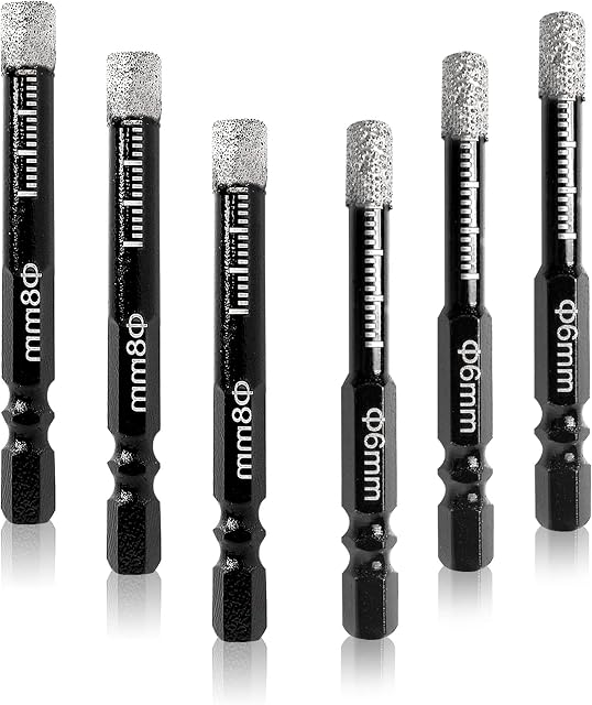 6 Pcs Porcelain Tile Drill Bit 6mm-8mm Dry Diamond Drill Bits for Porcelain Tiles Granite Ceramic Marble Glass Stone wiith Hex Shank (3 each of 6 mm &8 mm)