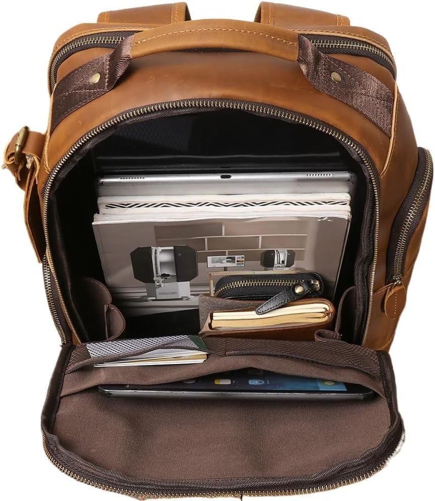 Vintage Genuine Leather 15.6" Laptop Backpack For Men Cowhide Hiking Camping Rucksack Business Travel Daypacks (Brown)