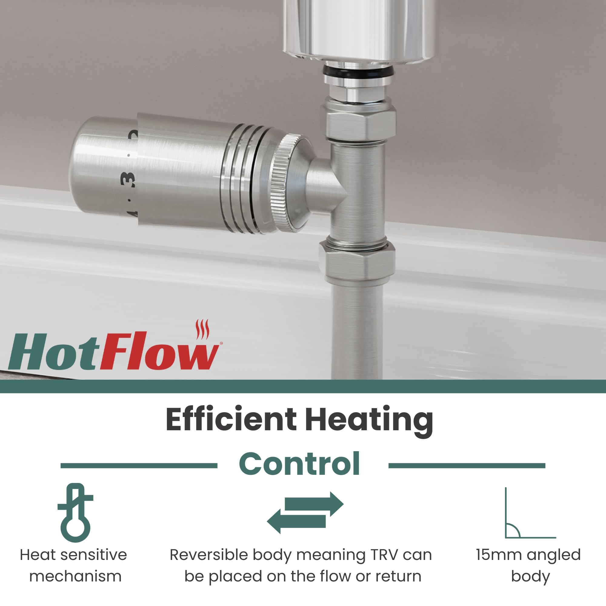 Hot Flow Satin Nickel Cascade Straight Modern TRV Thermostatic Radiator Valve (Pair) Includes TRV Body & One Lock Shield for Quick & Easy Temperature Control. Perfect for Energy Saving - Image 3