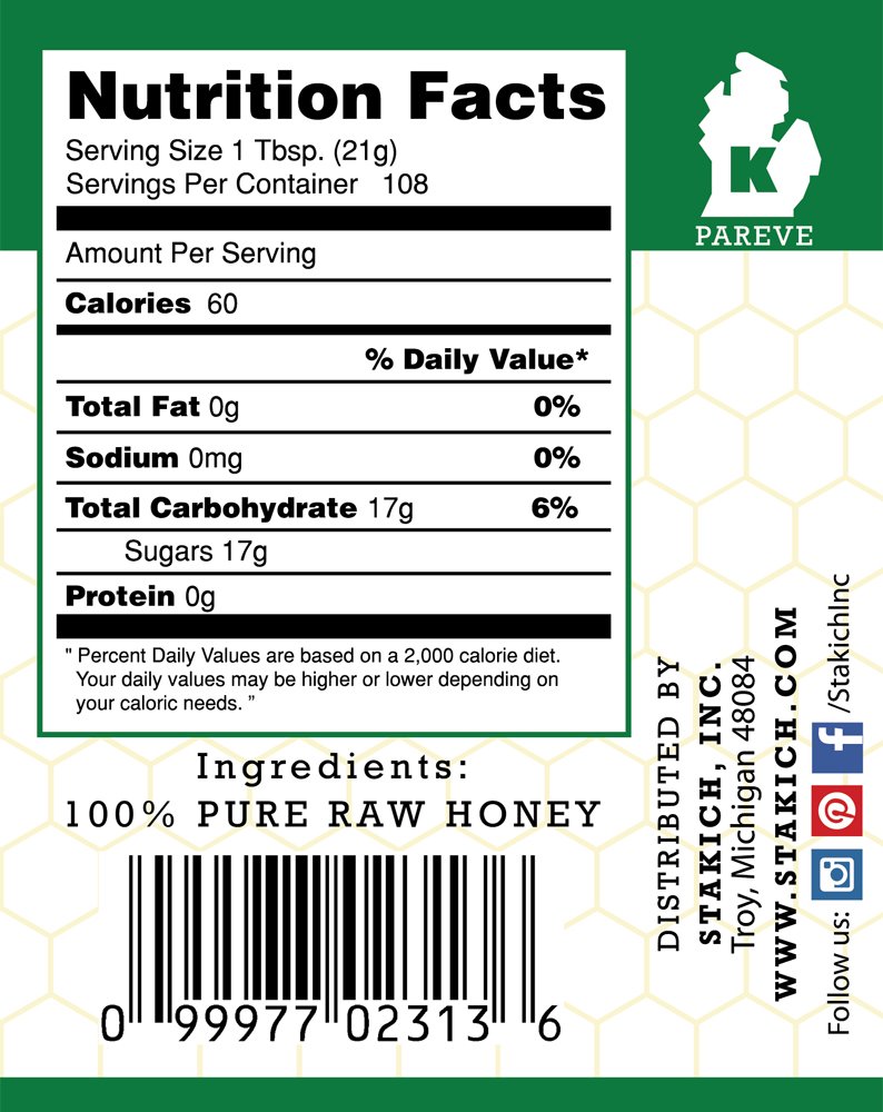 Stakich Raw Honey - Pure, Unprocessed, Unheated, Kosher - 5 Pound (80 Ounce)