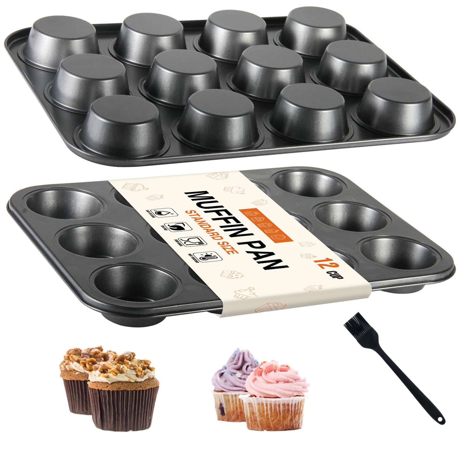 OAMCEG12 Cup Nonstick Muffin Tray Set of 2 - Carbon Steel Baking Tin with Silicone Brush - Non Stick Oven Tray for Cupcake Moulds, Pudding, Yorkshire, Mini Cake, Family Baking, Kids, Gifting