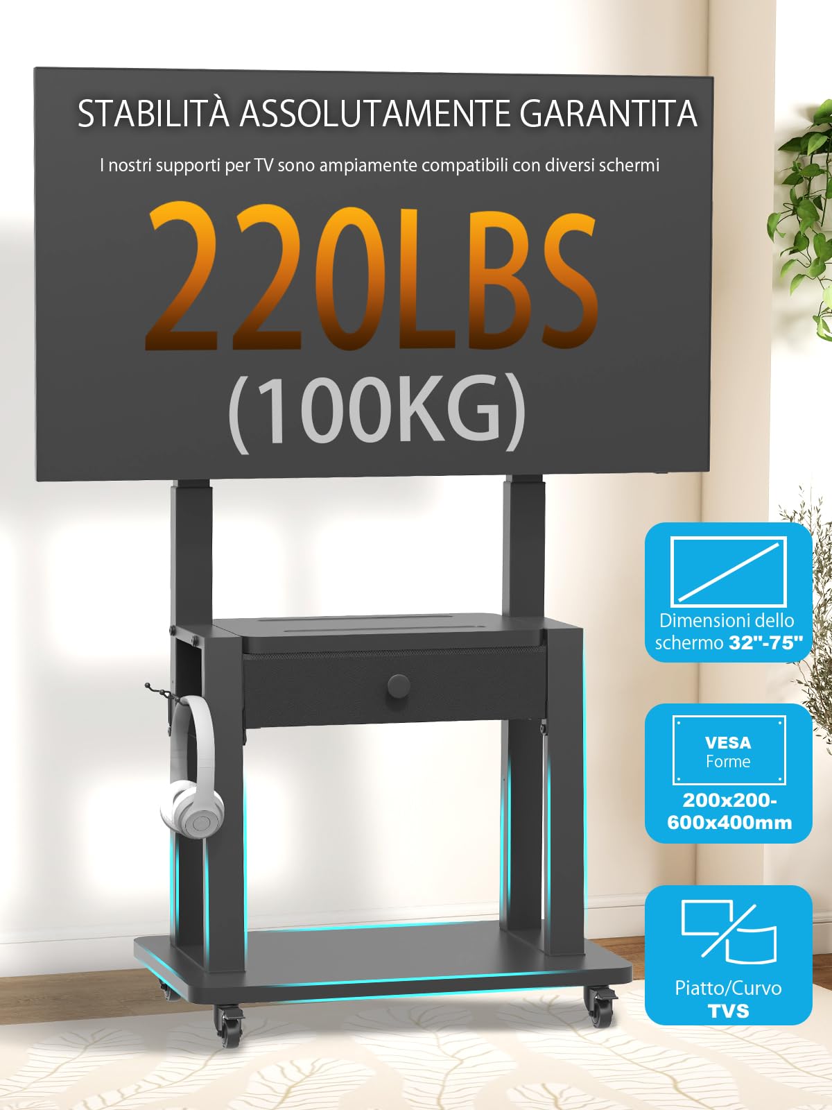 Supporto TV con cassetto in tessuto, per schermo piatto/curvo da 32"-75", fino a 200 libbre LCD/LED/OLED, carrello per TV mobile con ruote per casa ufficio all'aperto Max VESA 600 x 400 mm, nero
