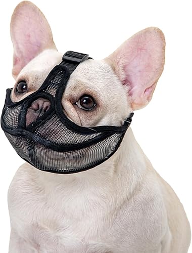 Ohcozzy Bozal corto para perro, no cubre la frente, bozal de bulldog ajustable, malla transpirable ajustable, antimordeduras y ladridos (L, negro)