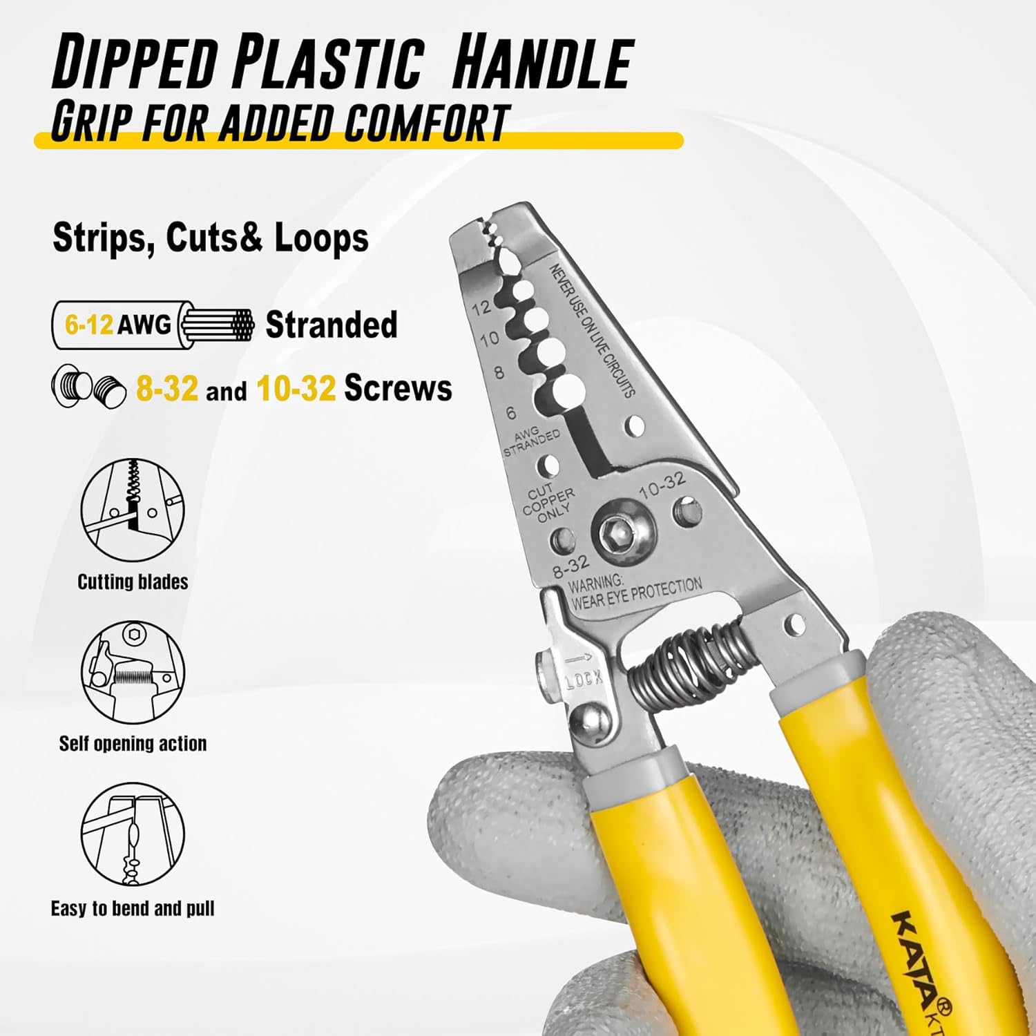 KATA 7 Inch Wire Stripper, Wire Cutter, Stripping/Cutting Tool for 6-12 AWG Stranded Wire and Shearing 8-32 Screws, Multi-function Electrician Stripper/Crimper Plier for Cable Stripping Cutting