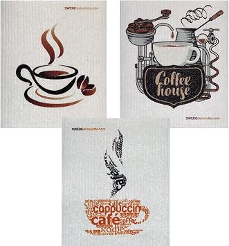 Mixed Coffee Set of 3 Cloths one of Each Design Swedish Dishcloths | ECO Friendly Absorbent Cleaning Cloth | Reusable Cleaning Wipes